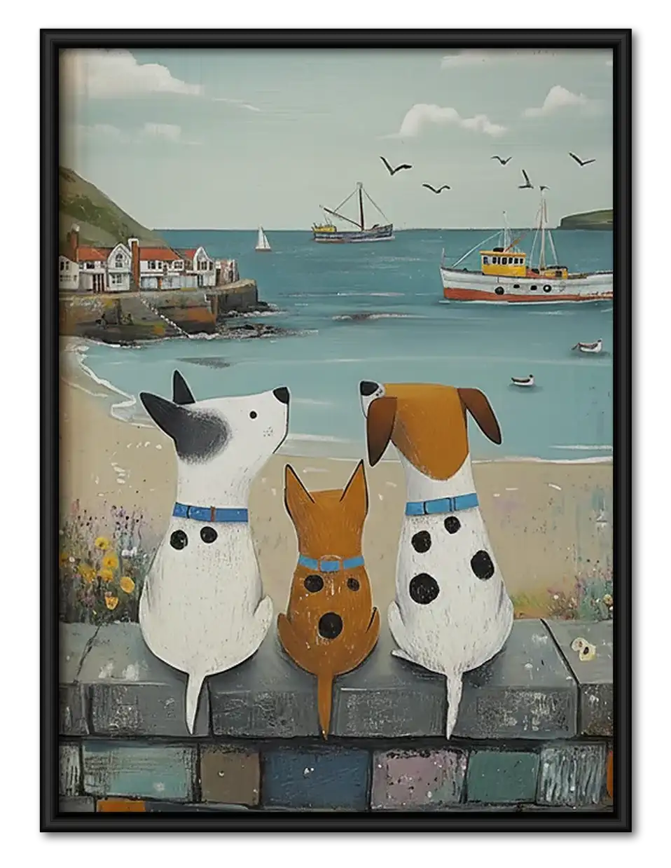 Dogs Watching Boats from Harbor Wall Art 1