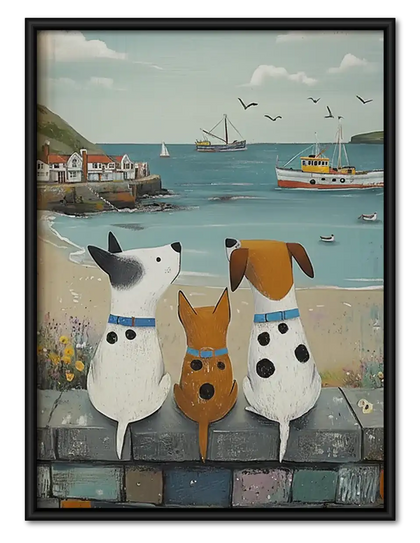 Dogs Watching Boats from Harbor Wall Art