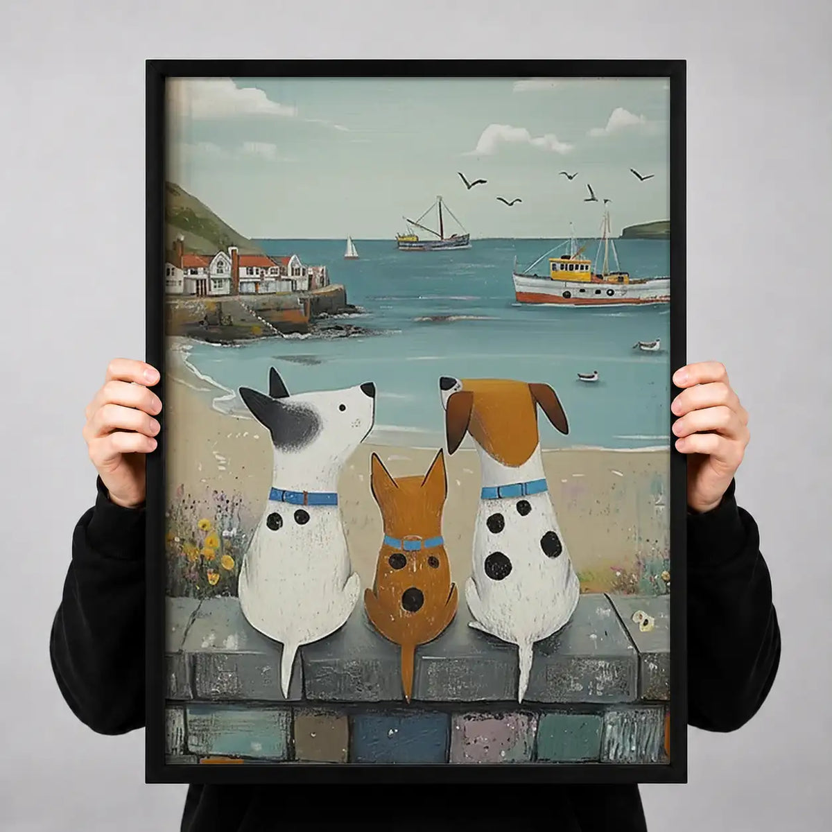 Dogs Watching Boats from Harbor Wall Art 3