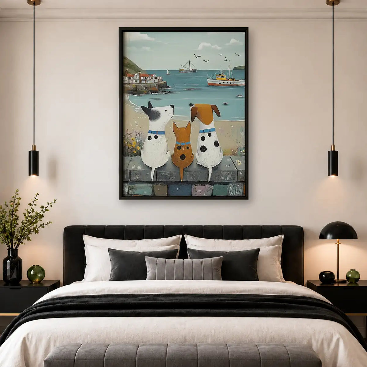 Dogs Watching Boats from Harbor Wall Art 4