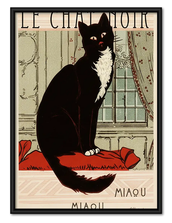 Elegant Black Cat on Red Cushion Wall Art