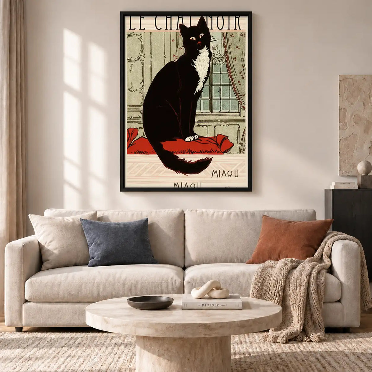 Elegant Black Cat on Red Cushion Wall Art 2