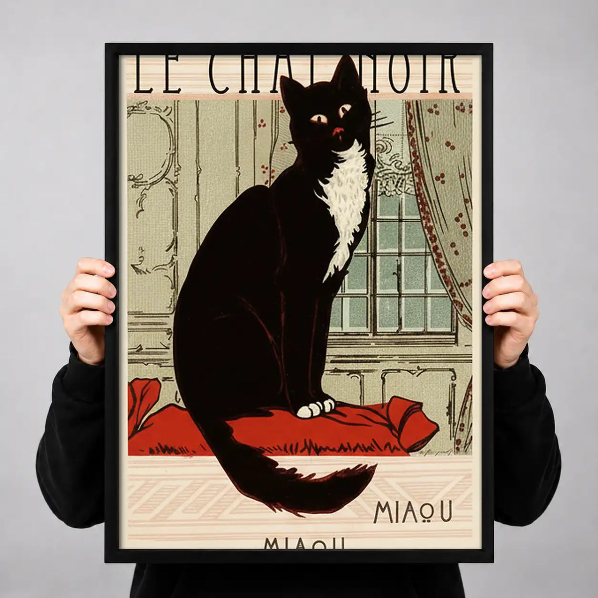 Elegant Black Cat on Red Cushion Wall Art 3