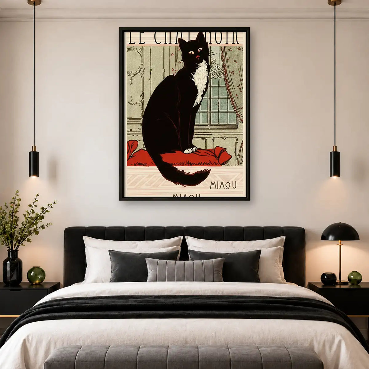 Elegant Black Cat on Red Cushion Wall Art 4