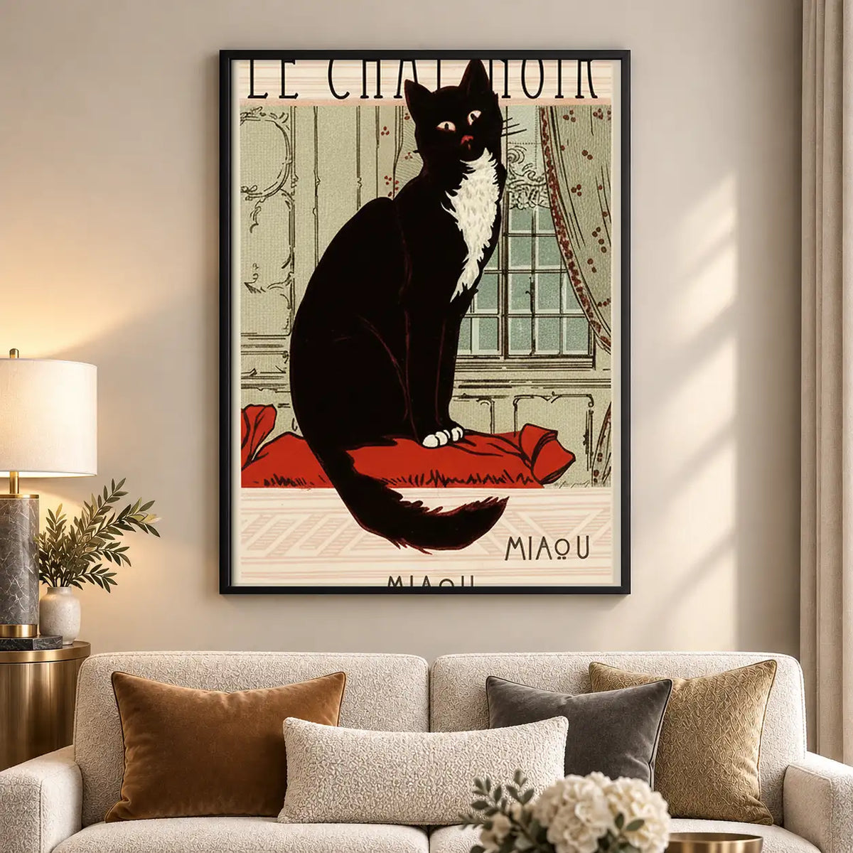 Elegant Black Cat on Red Cushion Wall Art 5