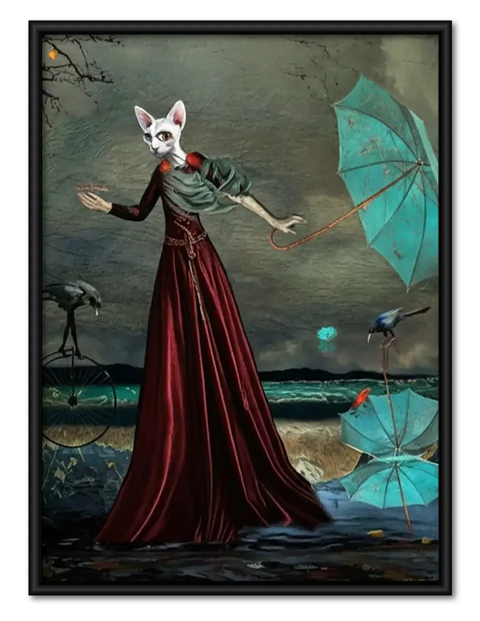 Elegant Cat Woman with Turquoise Umbrella Wall Art 1
