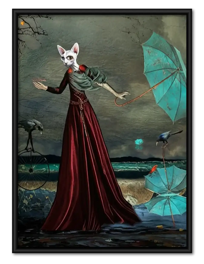Elegant Cat Woman with Turquoise Umbrella Wall Art