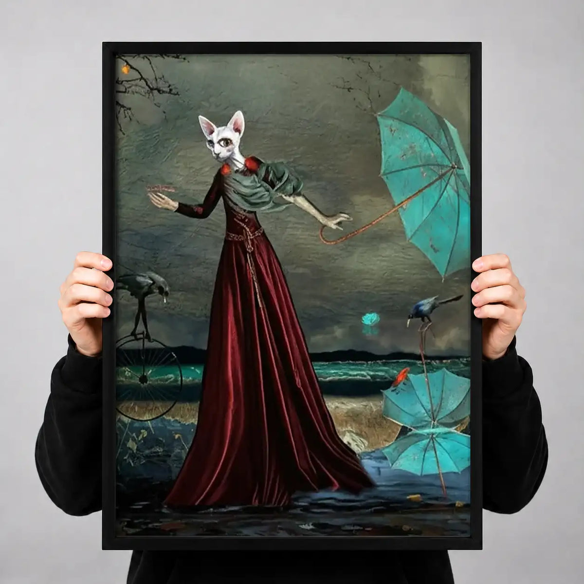 Elegant Cat Woman with Turquoise Umbrella Wall Art 3