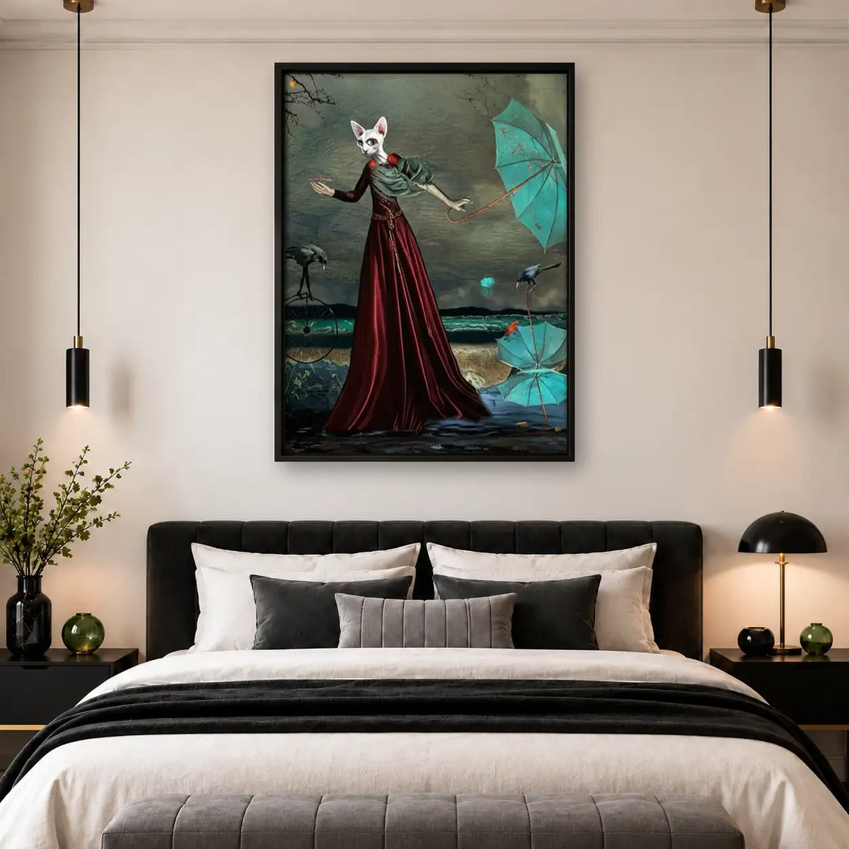 Elegant Cat Woman with Turquoise Umbrella Wall Art 4