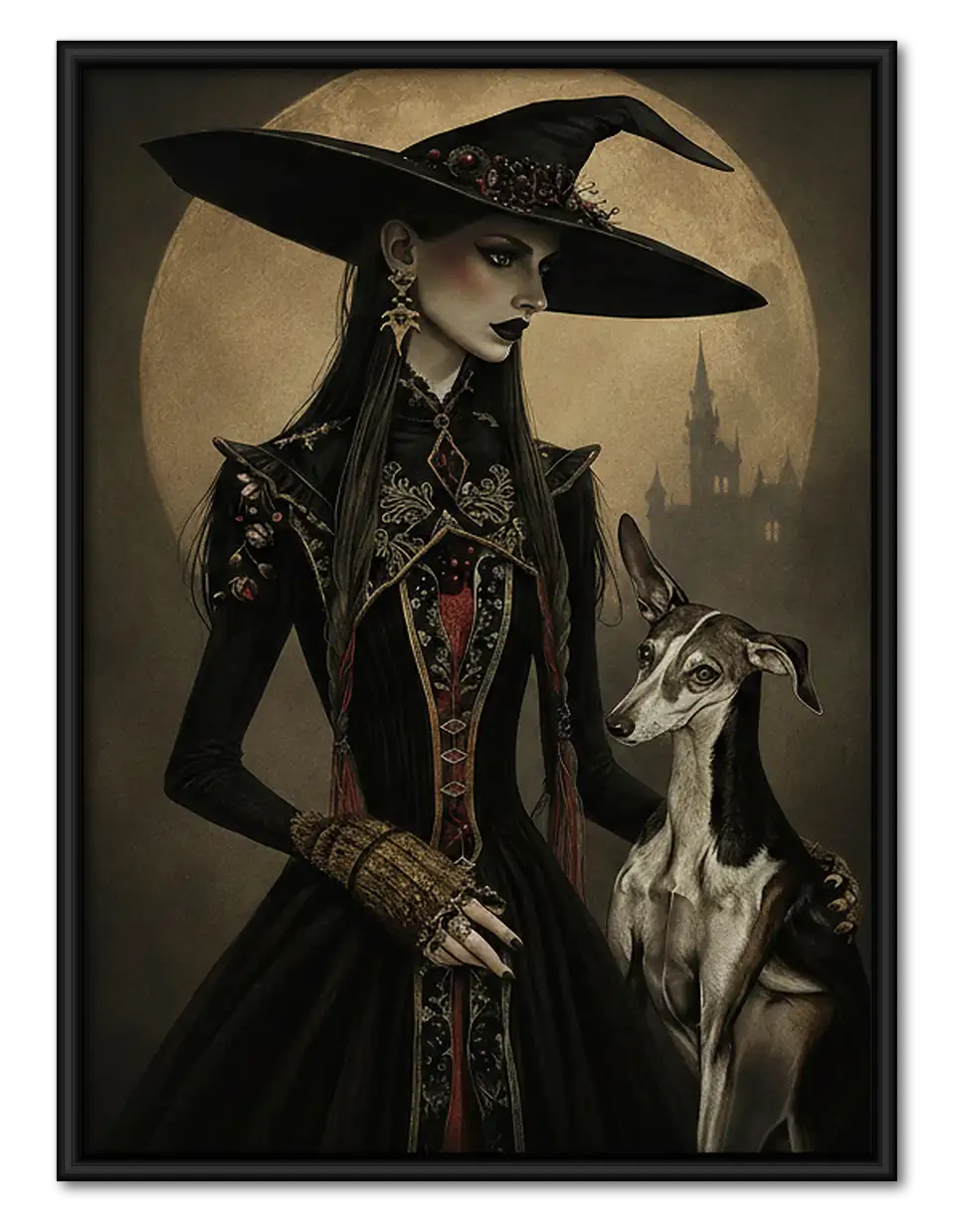 Elegant Witch with Black Dogs Wall Art 1