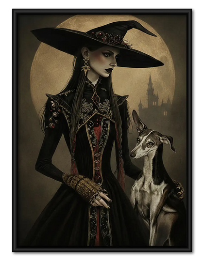 Elegant Witch with Black Dogs Wall Art