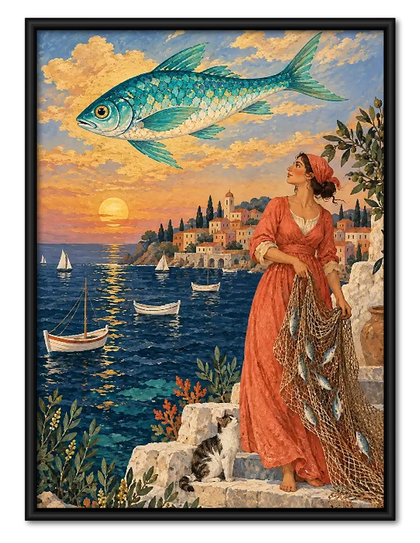 Elegant Woman Overlooking Coastal Town Wall Art