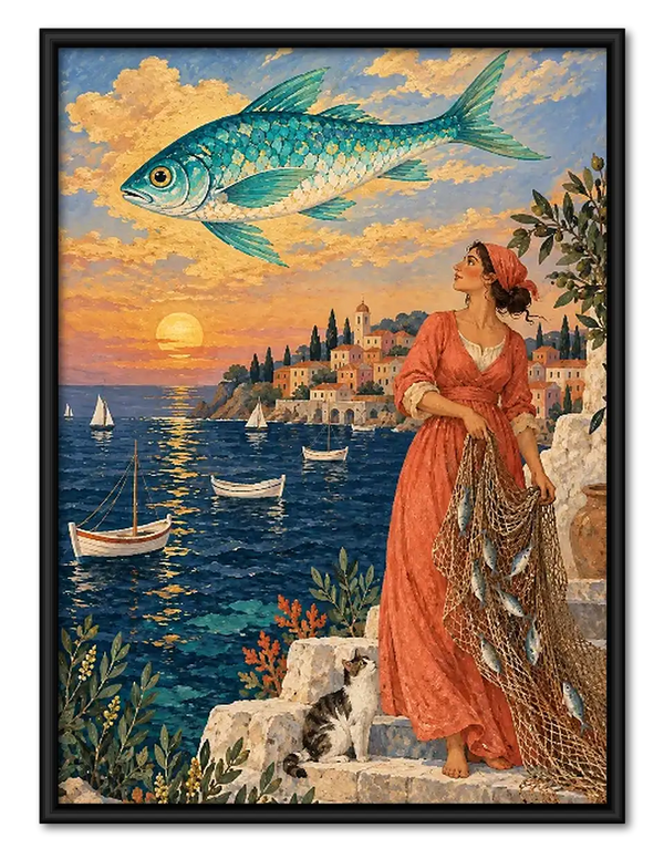Elegant Woman Overlooking Coastal Town Wall Art