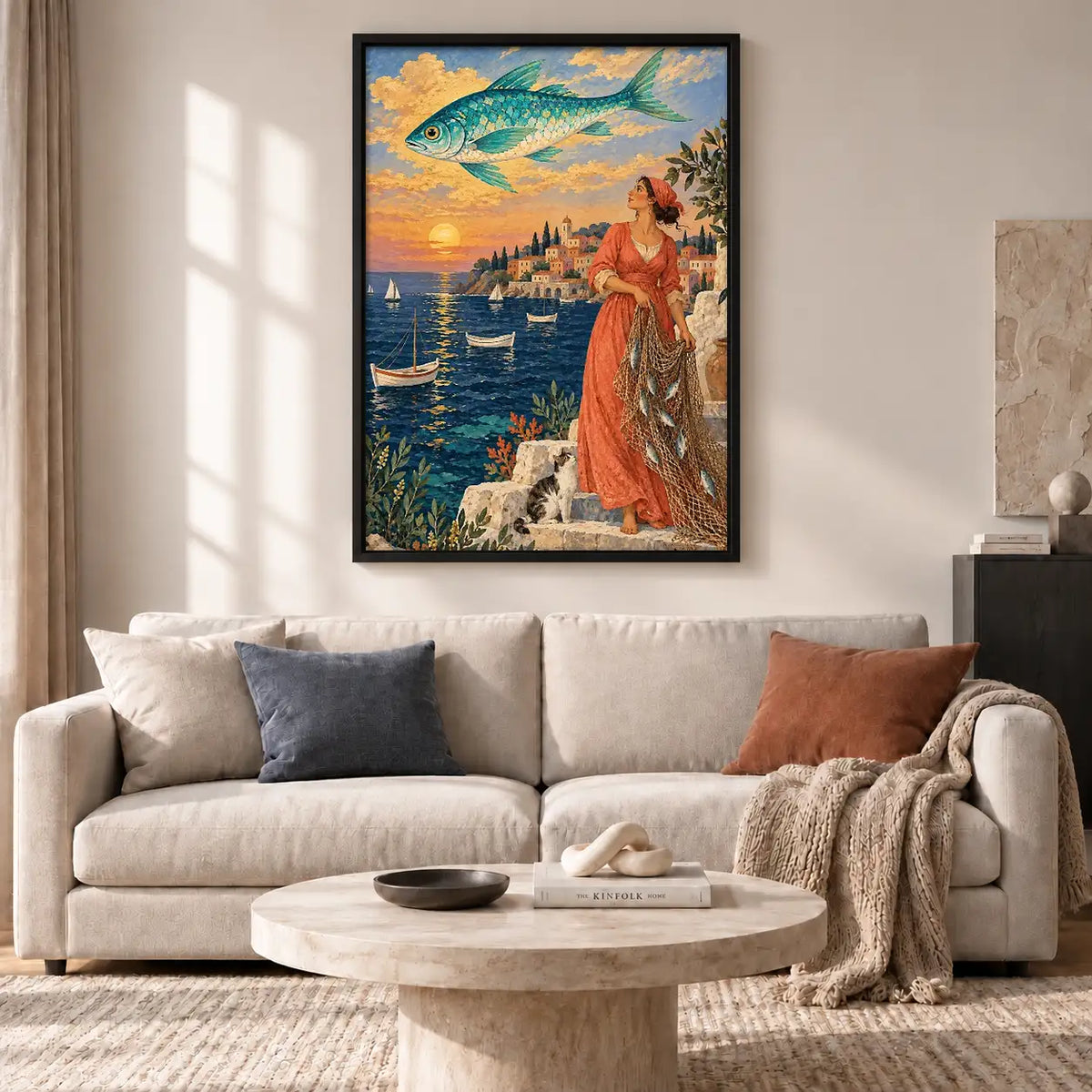 Elegant Woman Overlooking Coastal Town Wall Art 2