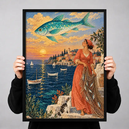 Elegant Woman Overlooking Coastal Town Wall Art 3