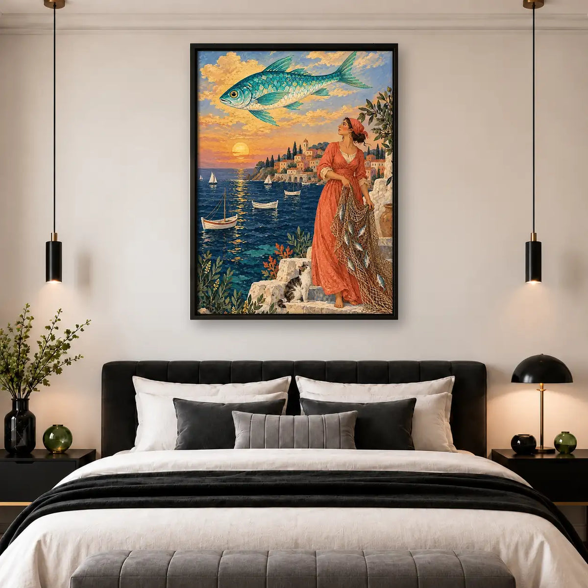 Elegant Woman Overlooking Coastal Town Wall Art 4
