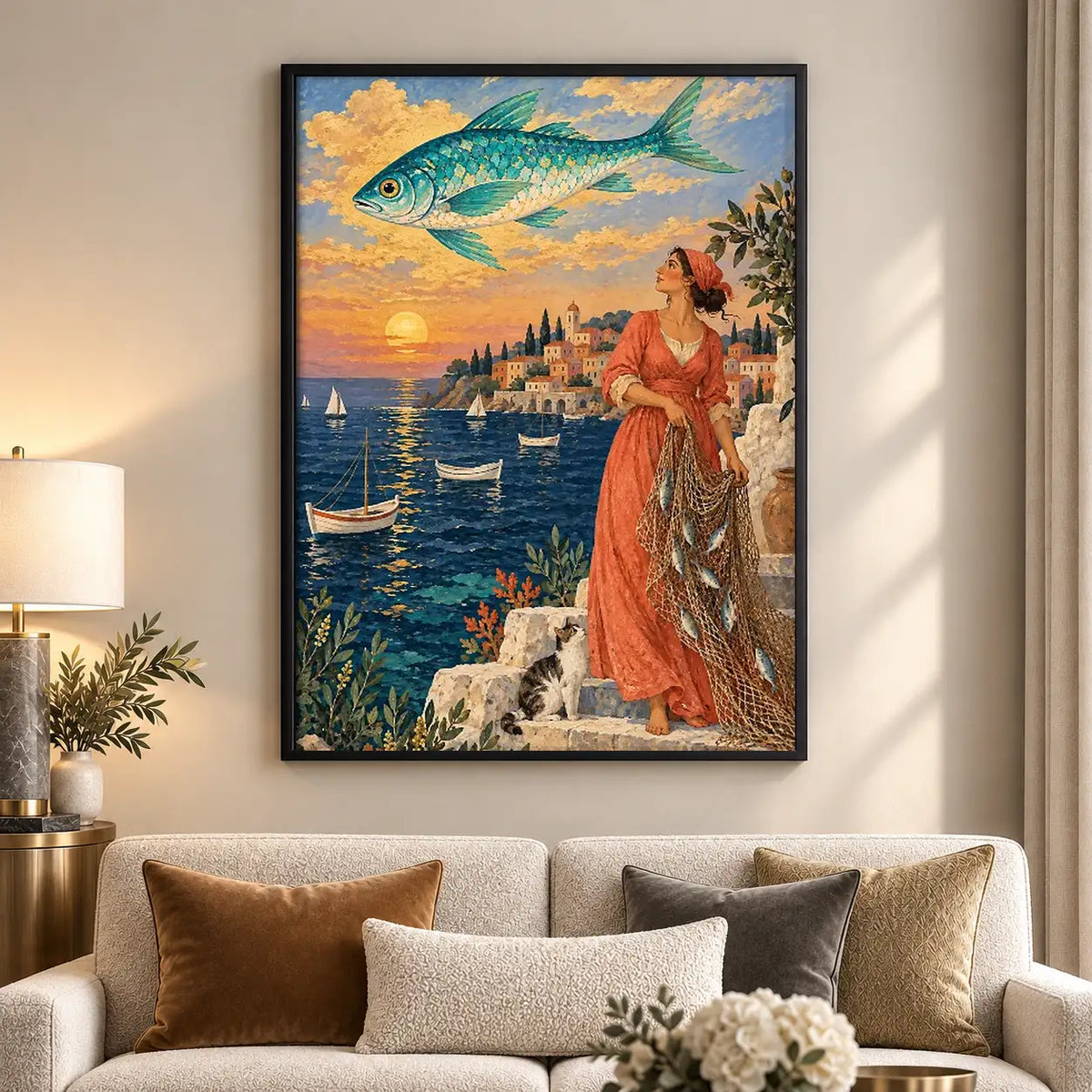 Elegant Woman Overlooking Coastal Town Wall Art 5