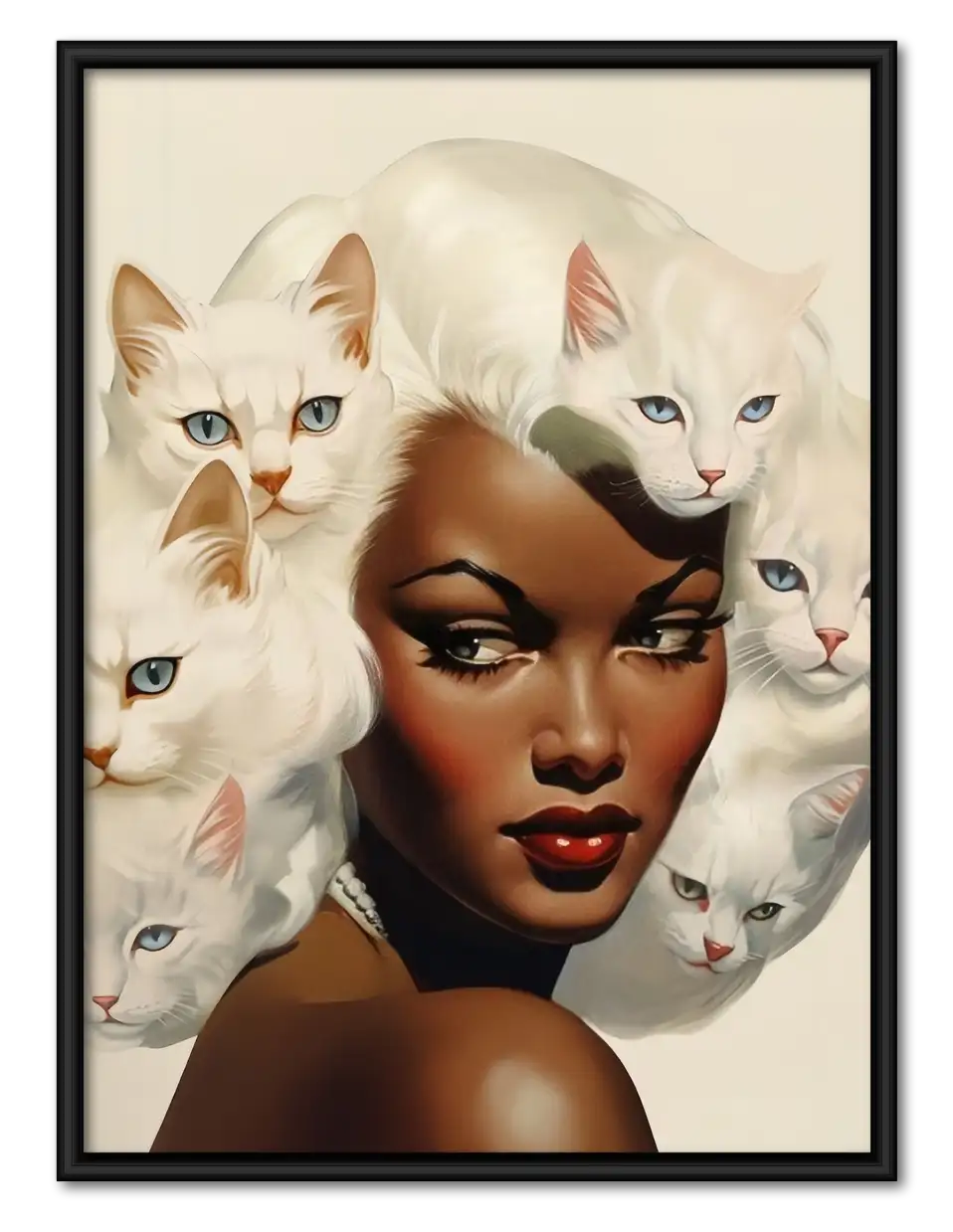 Elegant Woman Surrounded by White Cats Wall Art 1