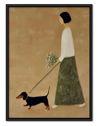 Elegant Woman Walking Dachshund Wall Art 1