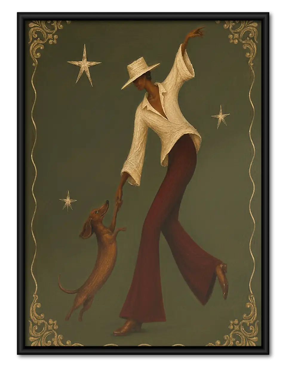 Elegant Woman Walking Dog at Night Wall Art 1
