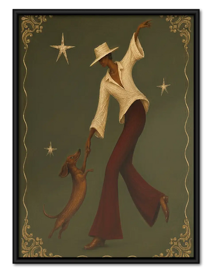 Elegant Woman Walking Dog at Night Wall Art