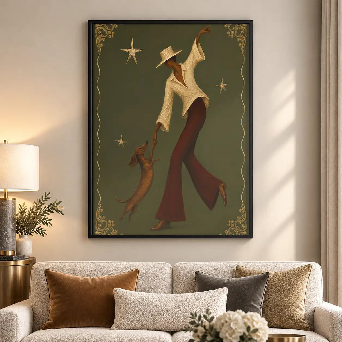Elegant Woman Walking Dog at Night Wall Art 5