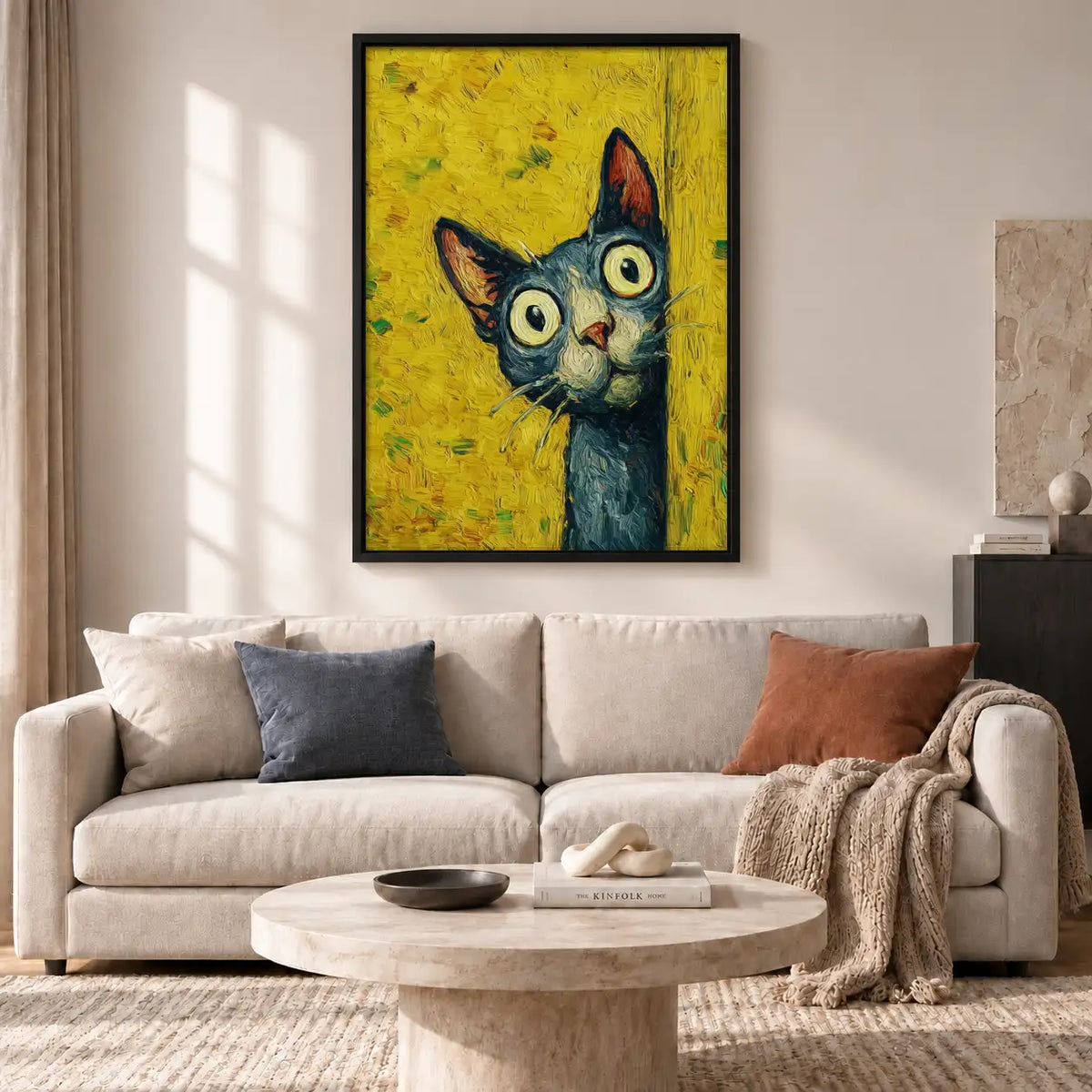 Expressive Cat on Textured Yellow Wall Art 2
