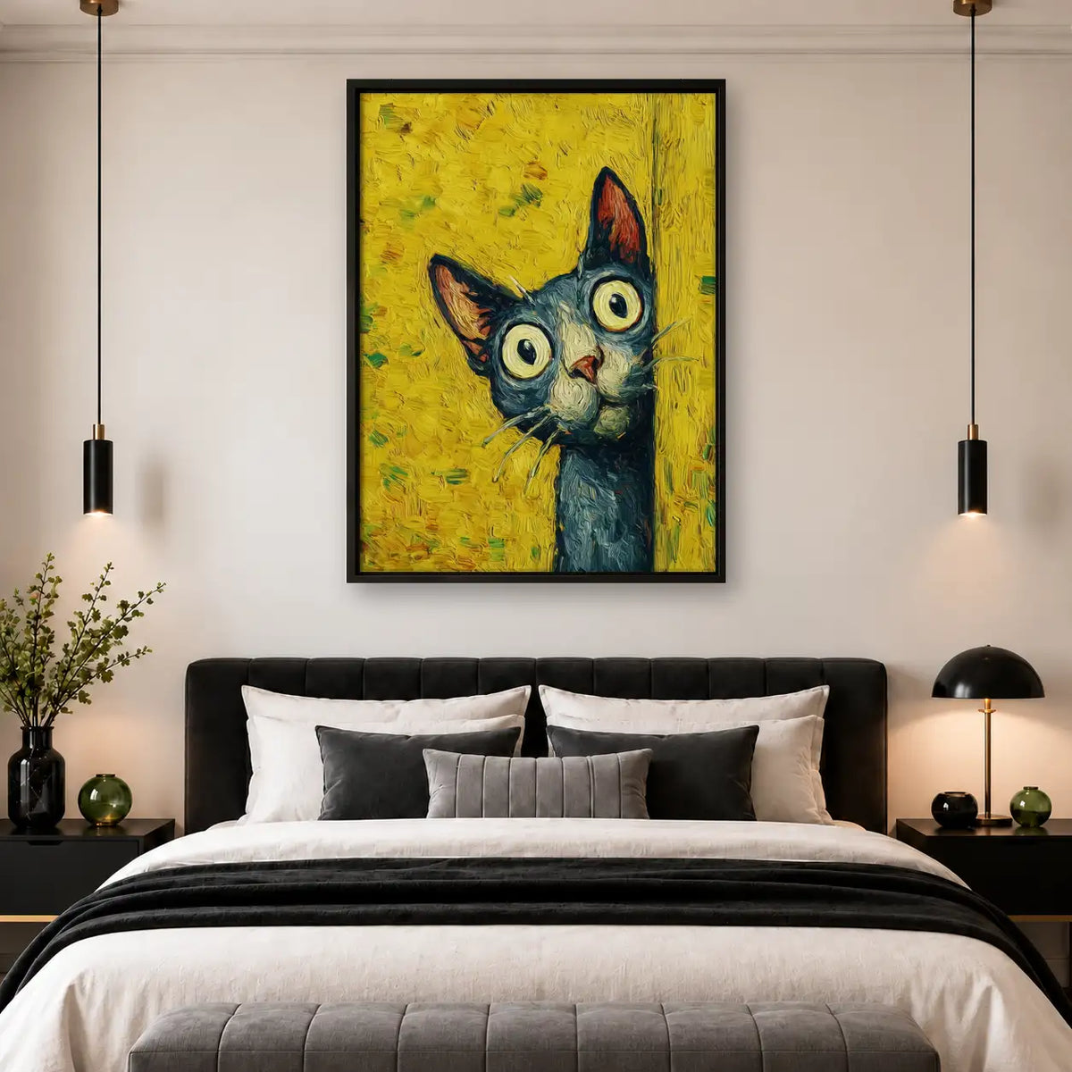 Expressive Cat on Textured Yellow Wall Art 4