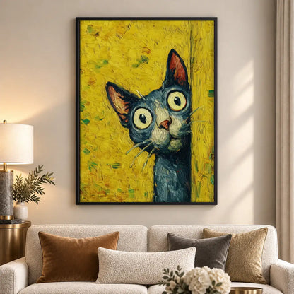 Expressive Cat on Textured Yellow Wall Art 5