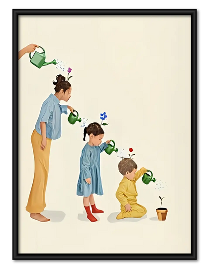 Family Watering Tiny Plants Wall Art