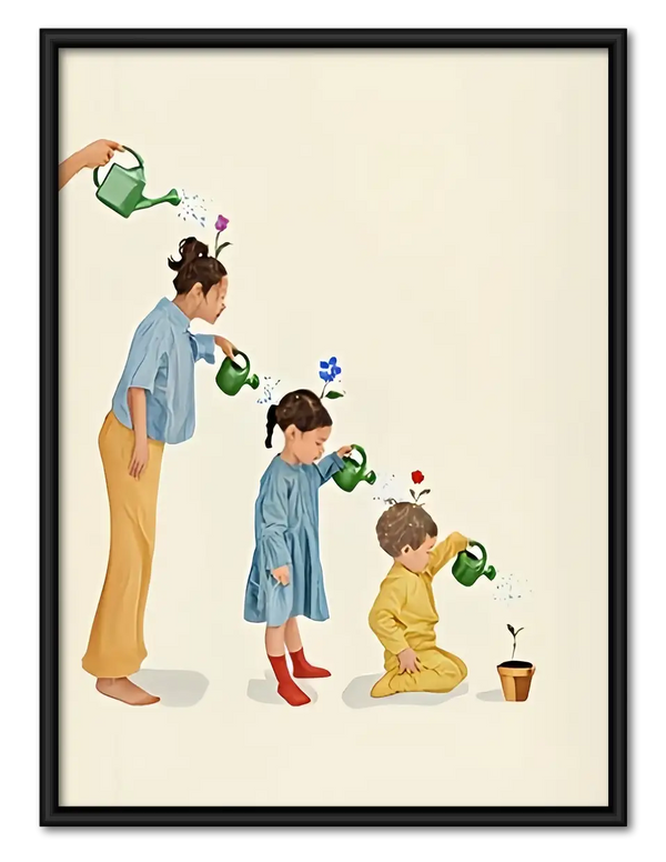 Family Watering Tiny Plants Wall Art