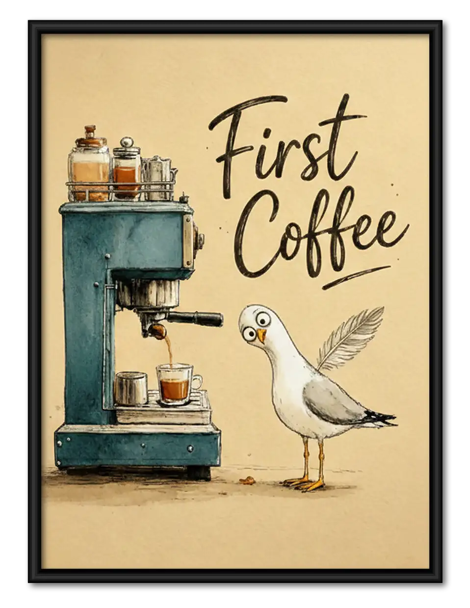 First Coffee with Seagull Wall Art 1