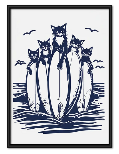 Five Cats Riding a Wave Wall Art 1