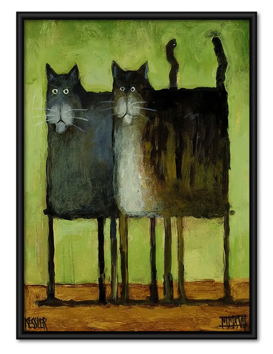 Five Tall Cats on Green Wall Art 1