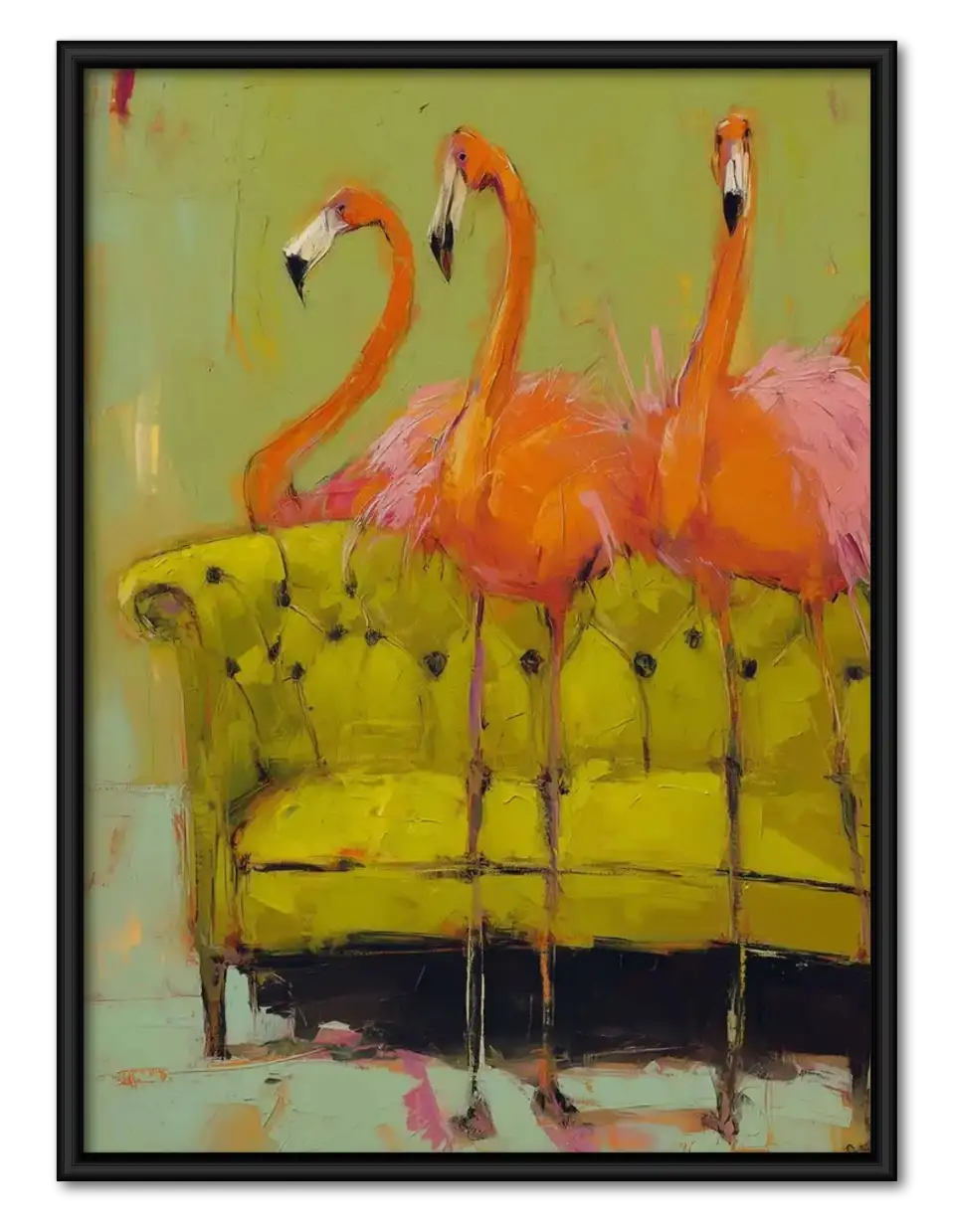 Flamingo Friends on Green Sofa Wall Art 1