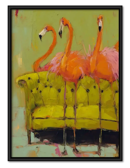 Flamingo Friends on Green Sofa Wall Art