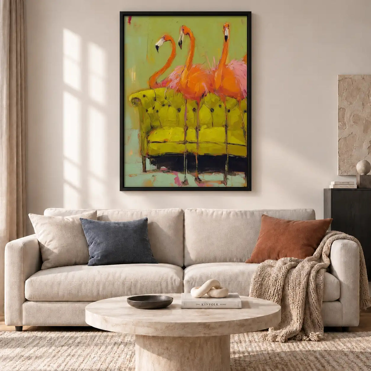 Flamingo Friends on Green Sofa Wall Art 2