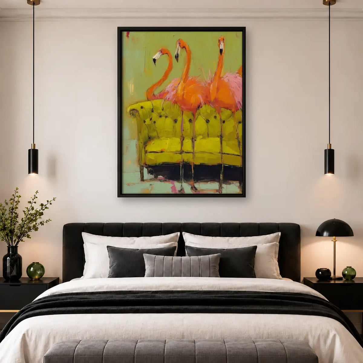 Flamingo Friends on Green Sofa Wall Art 4