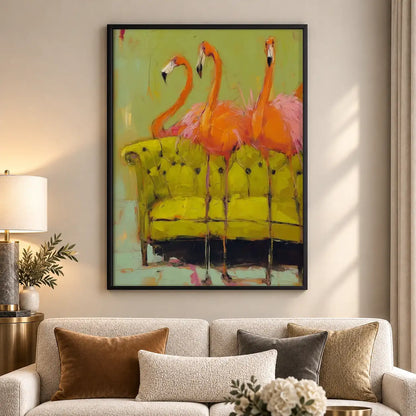 Flamingo Friends on Green Sofa Wall Art 5