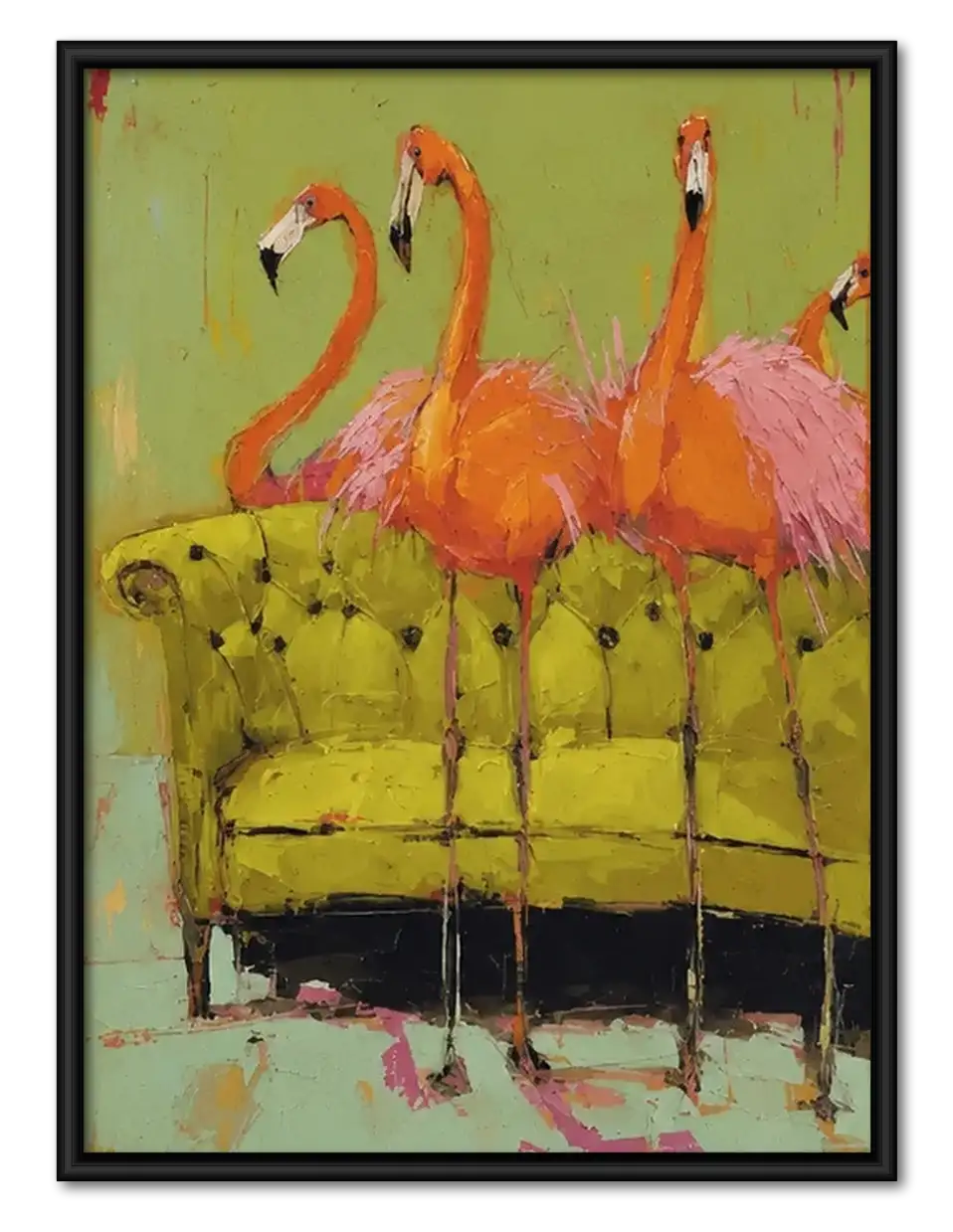 Flamingos on Vintage Sofa Wall Art 1