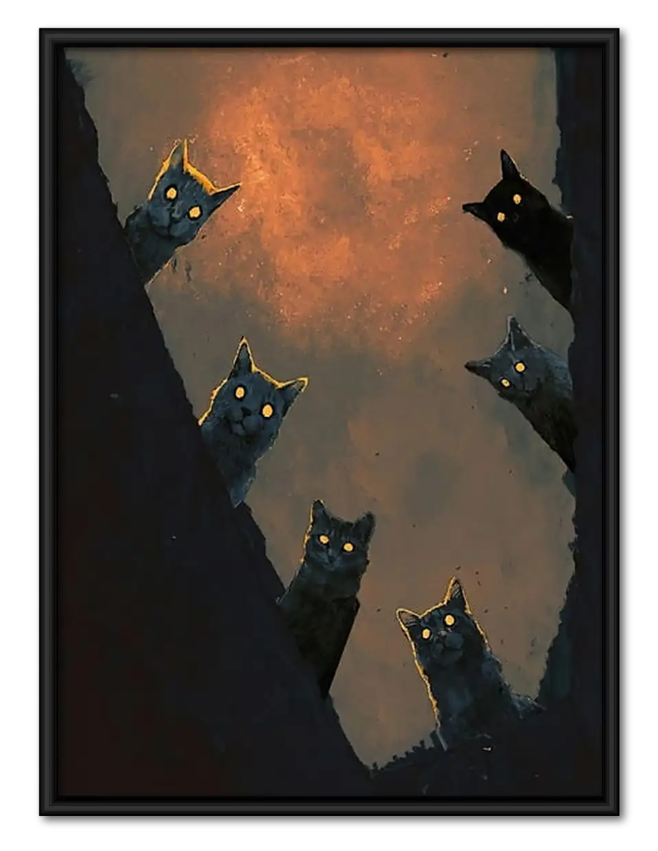 Floating Black Cats in Fiery Sky Wall Art 1