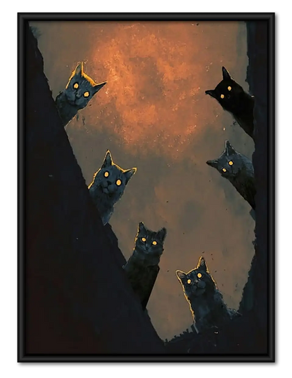 Floating Black Cats in Fiery Sky Wall Art