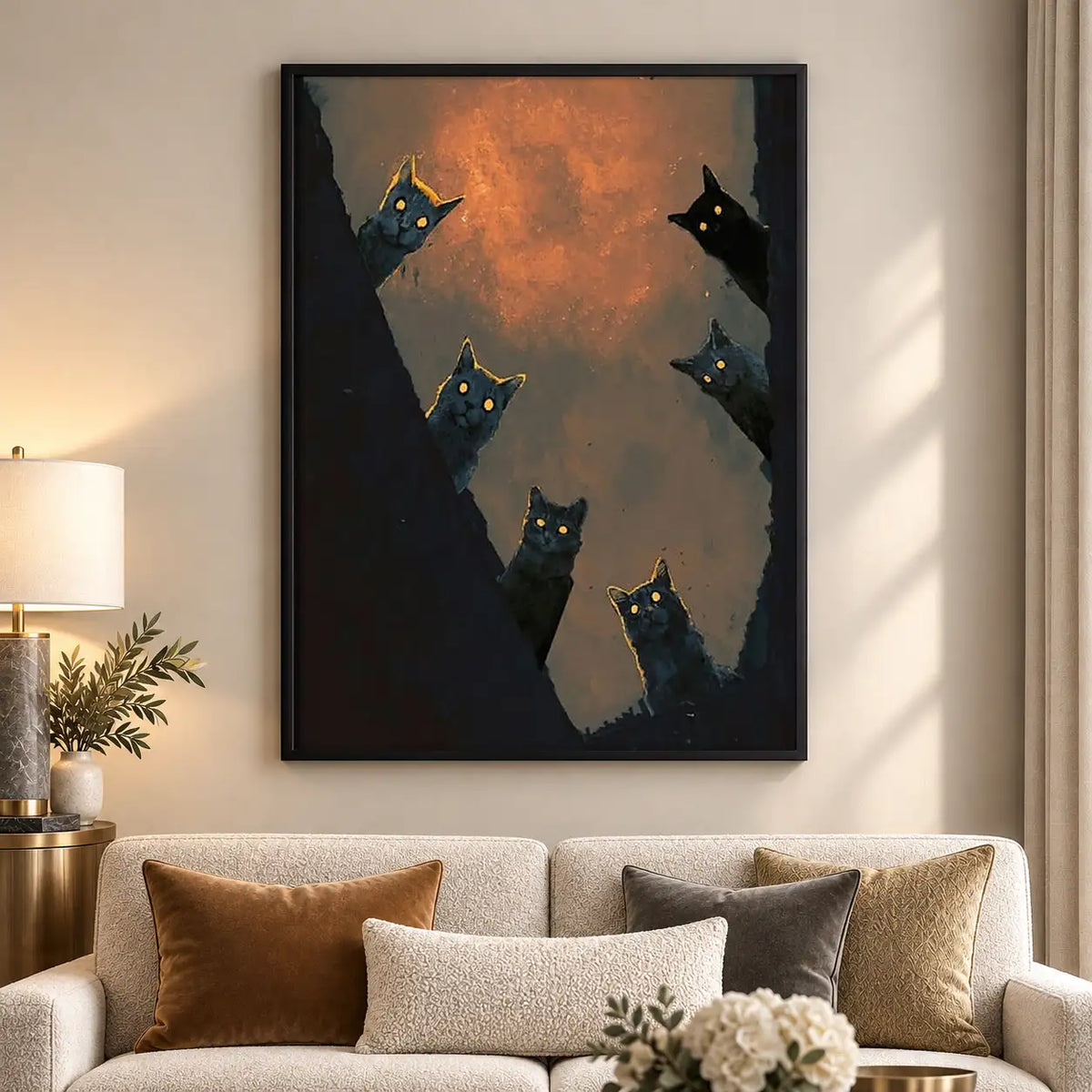 Floating Black Cats in Fiery Sky Wall Art 5