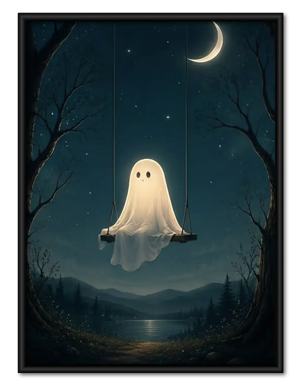 Floating Ghost beneath Crescent Moon Wall Art 1