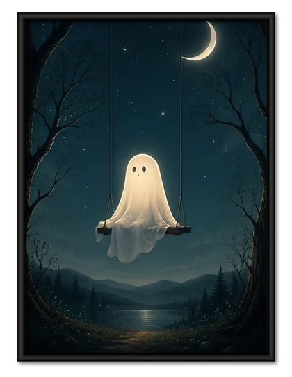 Floating Ghost beneath Crescent Moon Wall Art