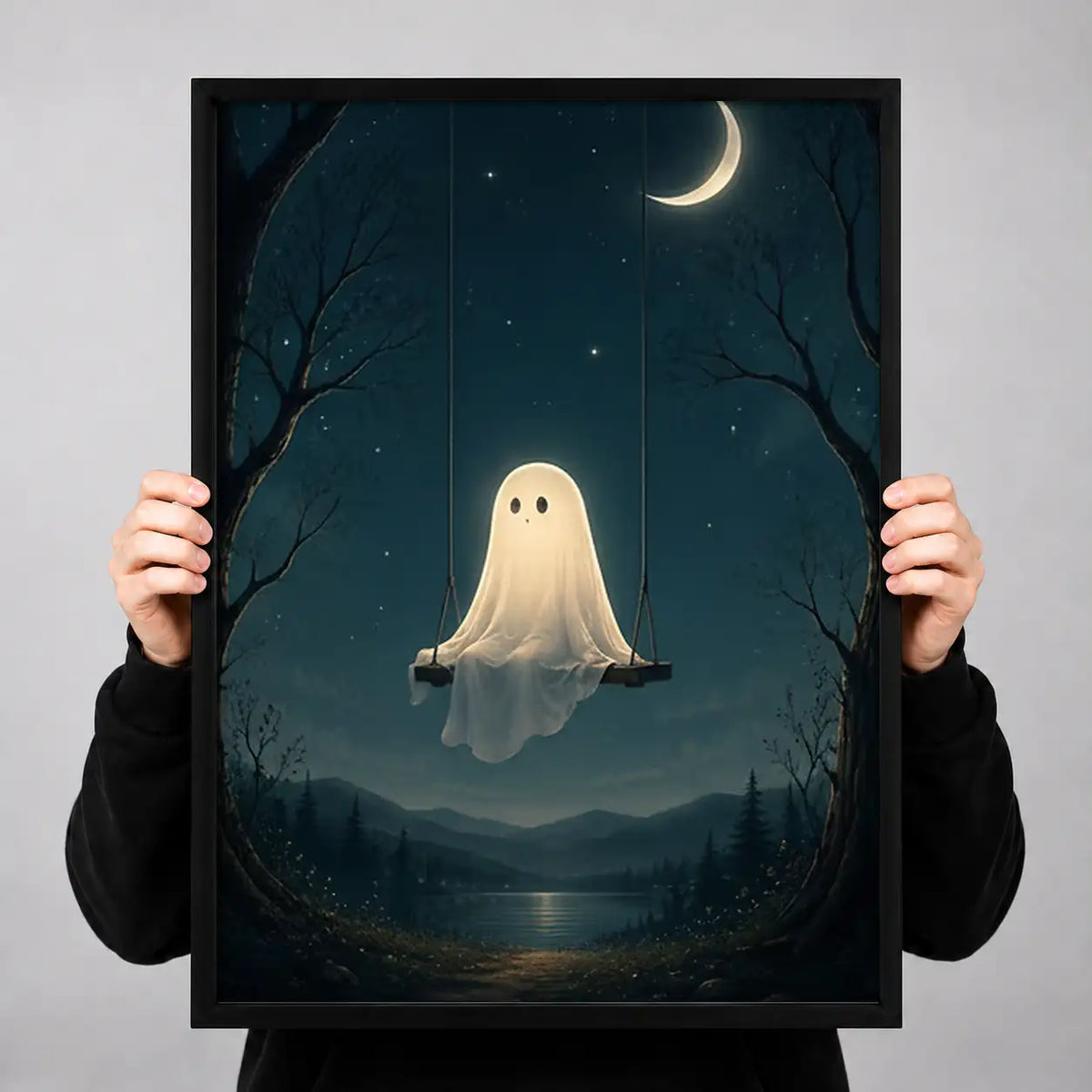 Floating Ghost beneath Crescent Moon Wall Art 3