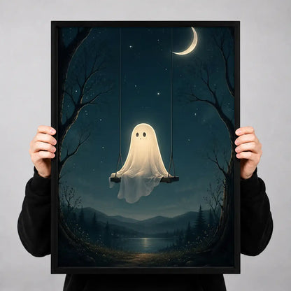 Floating Ghost beneath Crescent Moon Wall Art 3