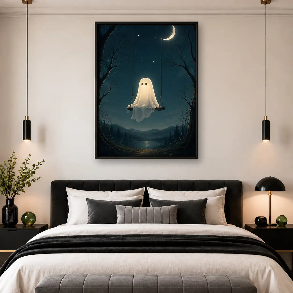 Floating Ghost beneath Crescent Moon Wall Art 4