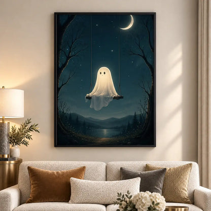 Floating Ghost beneath Crescent Moon Wall Art 5