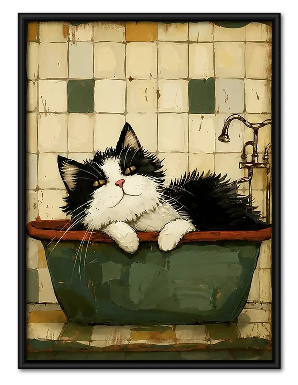 Fluffy Black and White Cat in Green Bath Wall Art 1